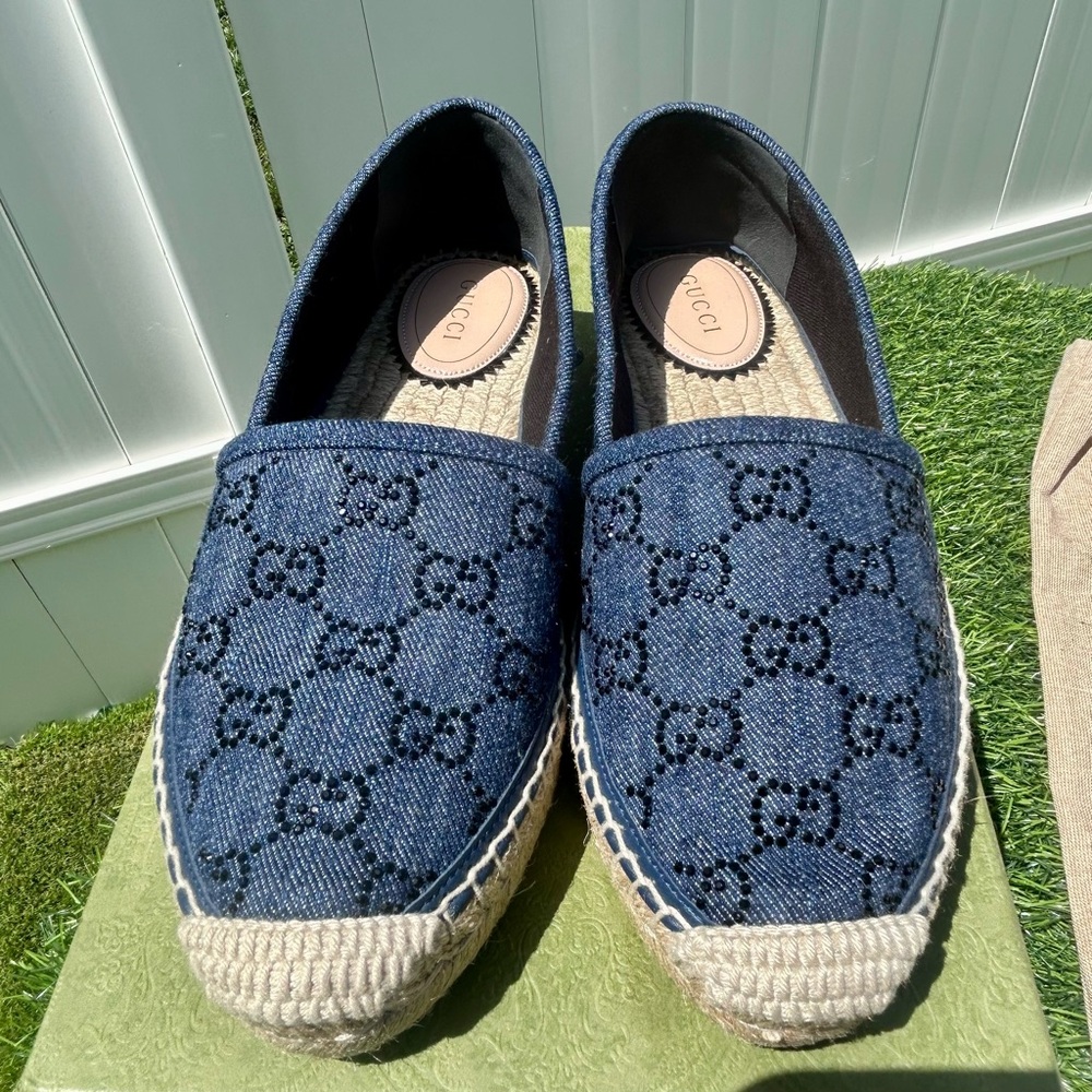 GUCCI PILAR ESPADRILLES BLUE DENIM WITH CRYSTALS GG SZ 36 NEW